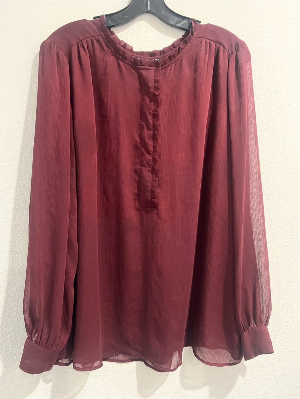 Lane Bryant Burgundy Long-Sleeve Ruffled Neck Blouse